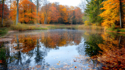 Fototapeta premium Calm autumn lake reflecting colorful trees.