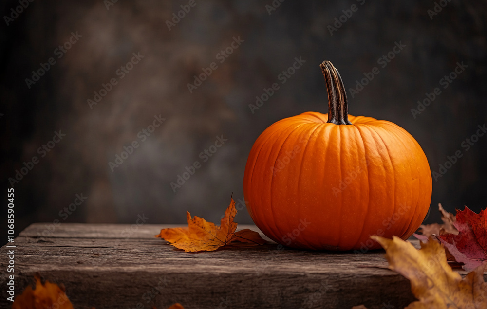 Poster a single orange pumpkin sits on a weathered wooden surface, surrounded by a few autumn leaves. the b