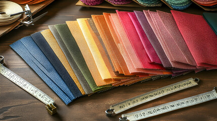 Fabric swatches arranged in a rainbow pattern on a wooden table with measuring tapes.