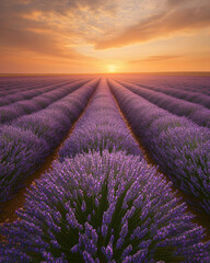 Obraz premium Lavender field at sunset with rows of flowers leading to the horizon.