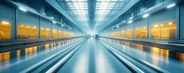 3D Illustration - Modern Factory Interior with Conveyor Belts