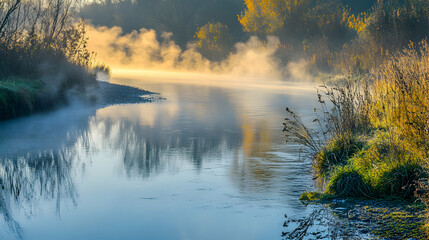 Fototapeta premium Misty morning river in a forest with golden light reflecting on the water.