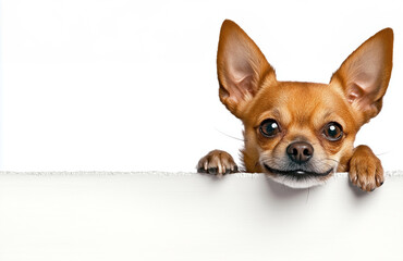 Cheerful Chihuahua with big ears peeking over a white surface against a rustic wall. Displays curiosity, happiness, and playfulness. Ai generated