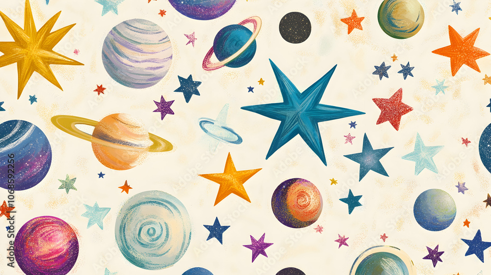 Poster seamless pattern with planets and stars on a white background.