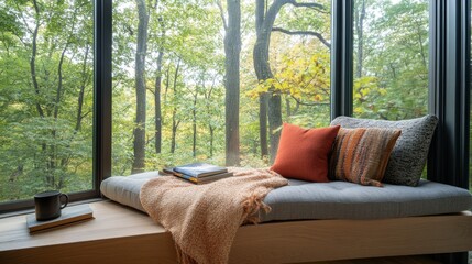 Cozy reading nook with a view of autumn trees through large windows.