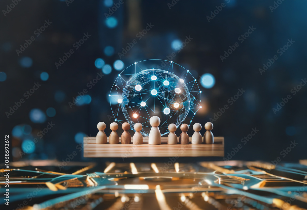 Poster wooden figures stand in a row in front of a glowing globe, representing a global community connected