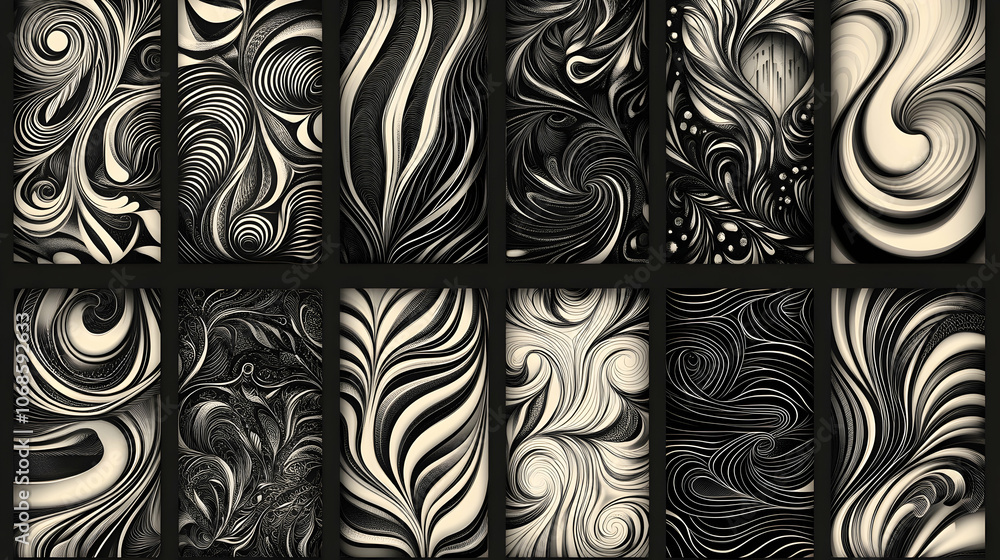 Poster set of twelve abstract black and white swirl patterns.