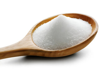 close-up sugar on a wood spoon isolated