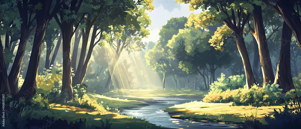 Poster sunbeams filtering through trees in a lush forest with a winding stream.