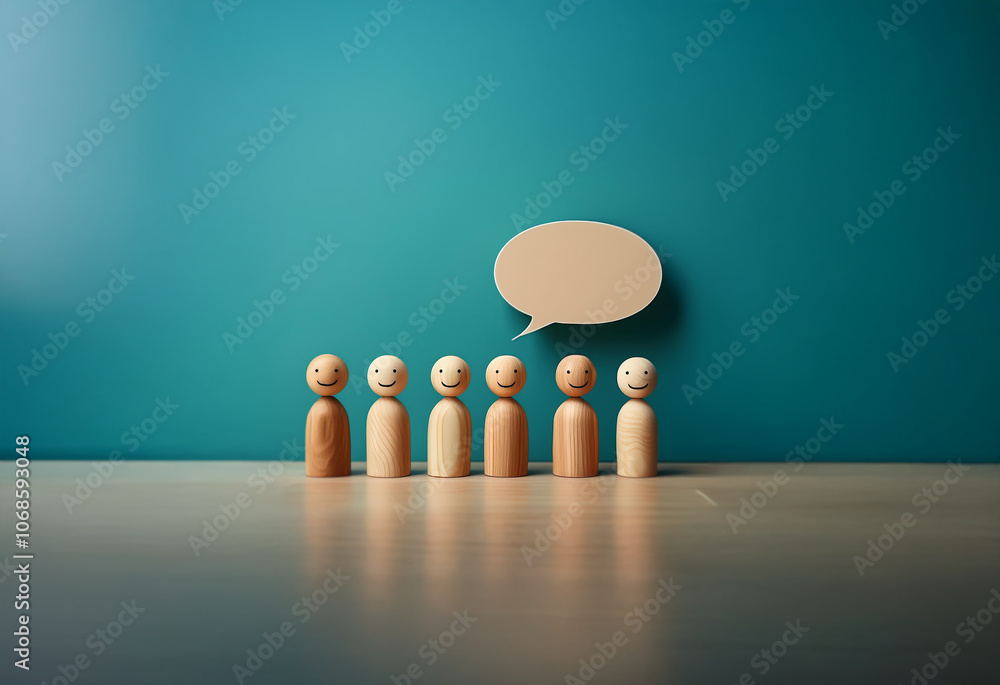 Poster a row of wooden figures with smiles stand in front of a teal wall with a blank speech bubble above t
