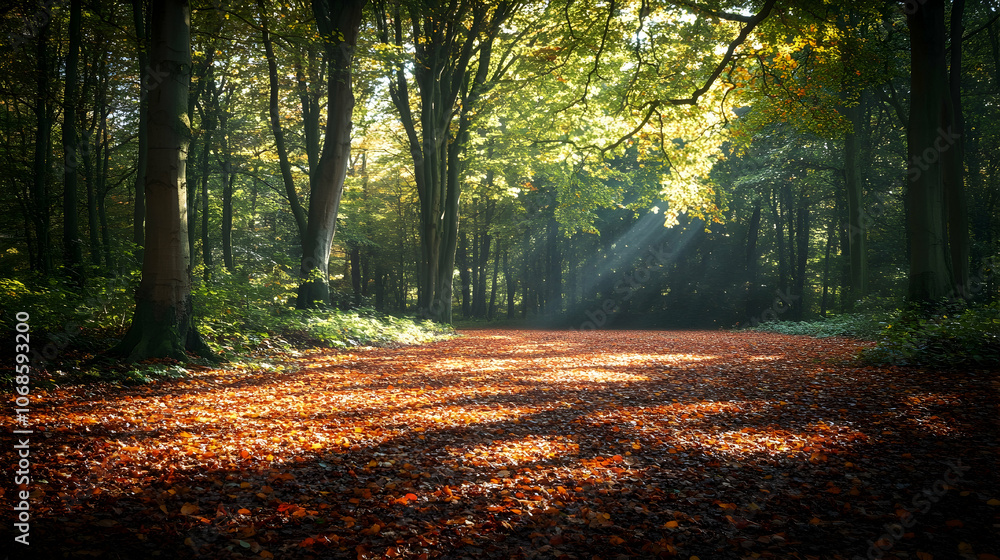 Poster sunbeams illuminate a path through an autumnal forest with fallen leaves.