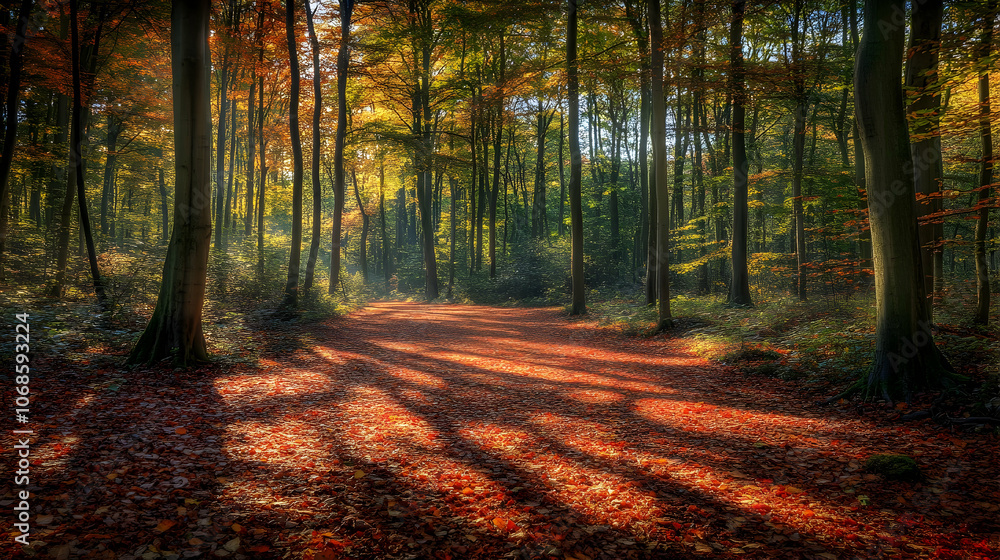 Poster sunbeams illuminate a path through an autumnal forest, casting long shadows on a carpet of fallen le