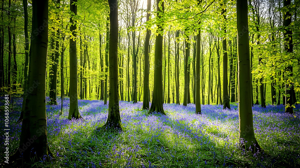 Poster sunlight filtering through a forest canopy, illuminating a carpet of bluebells on the forest floor.