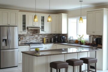 Modern Kitchen with White Cabinets, Granite Countertops, and Brown Bar Stools