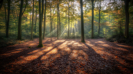 Fototapeta premium Sunlight beams through trees in a forest with fallen leaves on the ground.