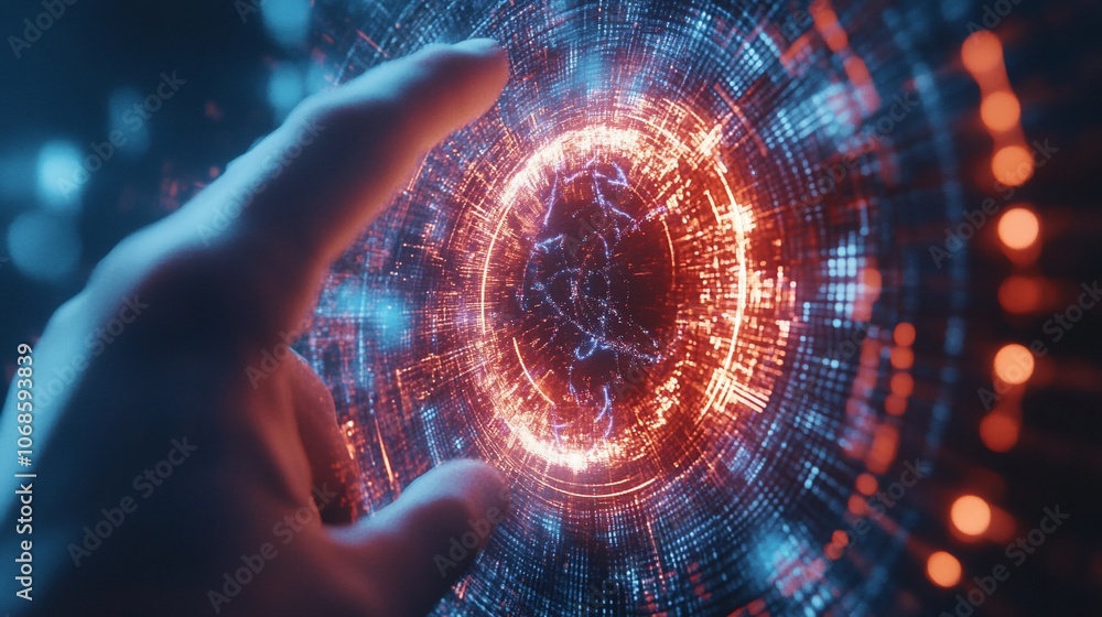 Poster a hand reaches out to touch a glowing digital orb, surrounded by a circular interface of data and co