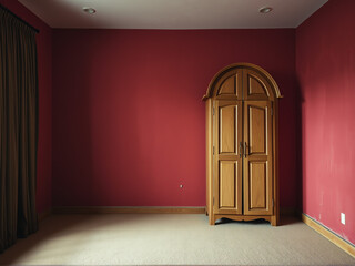 A quiet, empty room featuring a wooden wardrobe against a bold red wall with warm lighting illuminating the space during the day