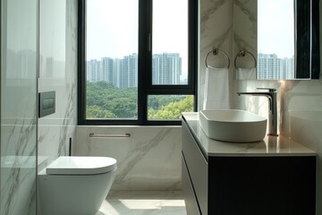 Experience unmatched luxury and comfort in this expansive, modern bathroom that features elegant marble tiles, chic fixtures, and a bright, open atmosphere that is ideal for your relaxation moments
