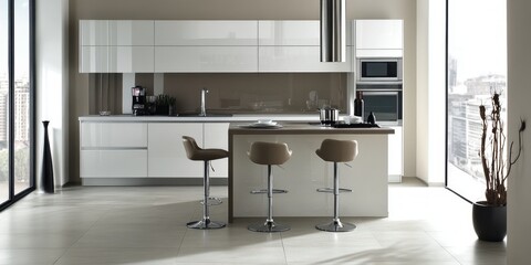 Fototapeta premium Modern Kitchen with White Cabinets, Stainless Steel Appliances, and Bar Stools
