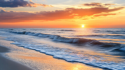 Sunrise over a calm ocean with foamy waves on a sandy beach.
