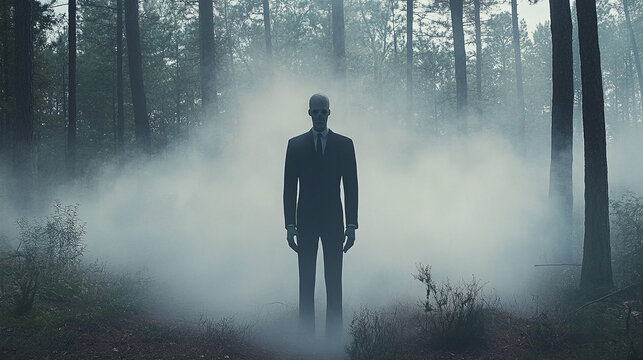 Slenderman surrounded by mist in the forest