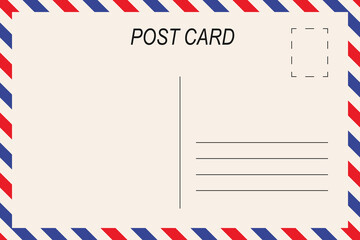 Blank minimalist vintage vector postcard template with red and blue airmail border stripes.