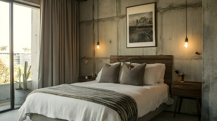 Cozy Urban Loft Bedroom Featuring Exposed Concrete Walls, Industrial Lighting, and Plush Bedding in Neutral Tones