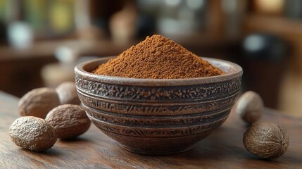 ground nutmeg powder in a rustic bowl alongside whole nutmegs, highlighting the rich textures and warm earthy tones, perfect for culinary inspirations and spice enthusiasts