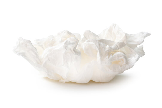 Side view of screwed or crumpled white tissue paper ball isolated on white background with clipping path