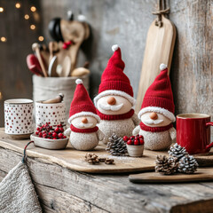 Obraz premium The Christmas gnomes and kitchen decor on wooden table
