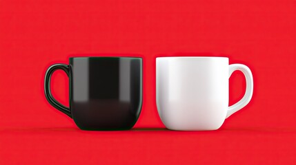 This image features a minimalist design with a white mug and a black mug placed on a striking red background, showcasing contrast and modern simplicity. - Powered by Adobe