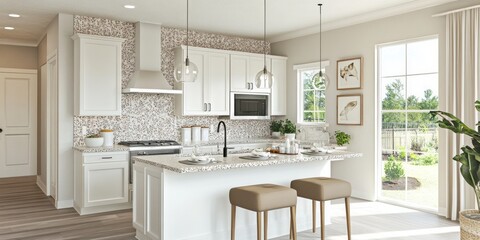 Modern Kitchen with White Cabinets, Island, and Bar Stools