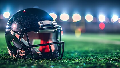 A close-up of a football helmet resting on a green turf field with stadium lights illuminating the background emphasizing the intensity and preparation of the game