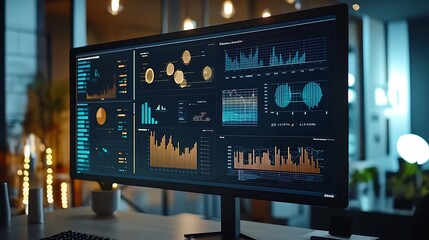 Modern Office Desk with Computer Display Showing Financial Data and Charts