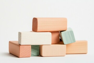 Wood toy bricks stacked in various playful arrangements