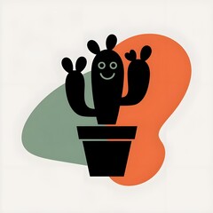 Silhouette of a cactus in a pot with a smiling face on a white background.