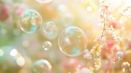 Floating bubbles with spring flowers in soft focus background