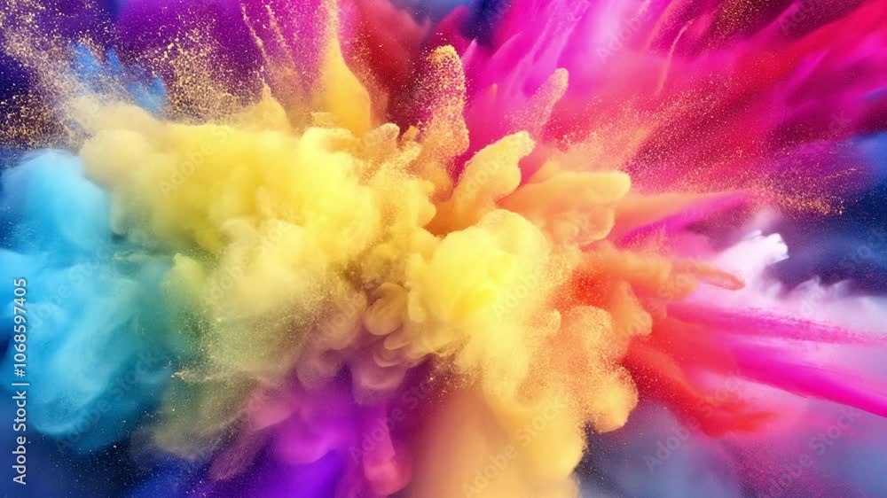 Aufkleber rainbow explosion: a vibrant, dynamic burst of multicolored powder paint explodes in a captivating d