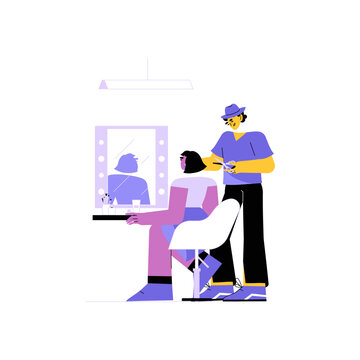 Female Client At Makeup Studio With Male Hairdresser In Flat Vector Illustration Symbolizing Beauty, Styling, And Self Care, Isolated On White Background.