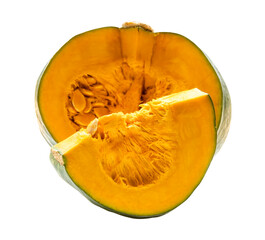 Side view of fresh green japanese pumpkin with slices or pieces in stack isolated with clipping path in png file format