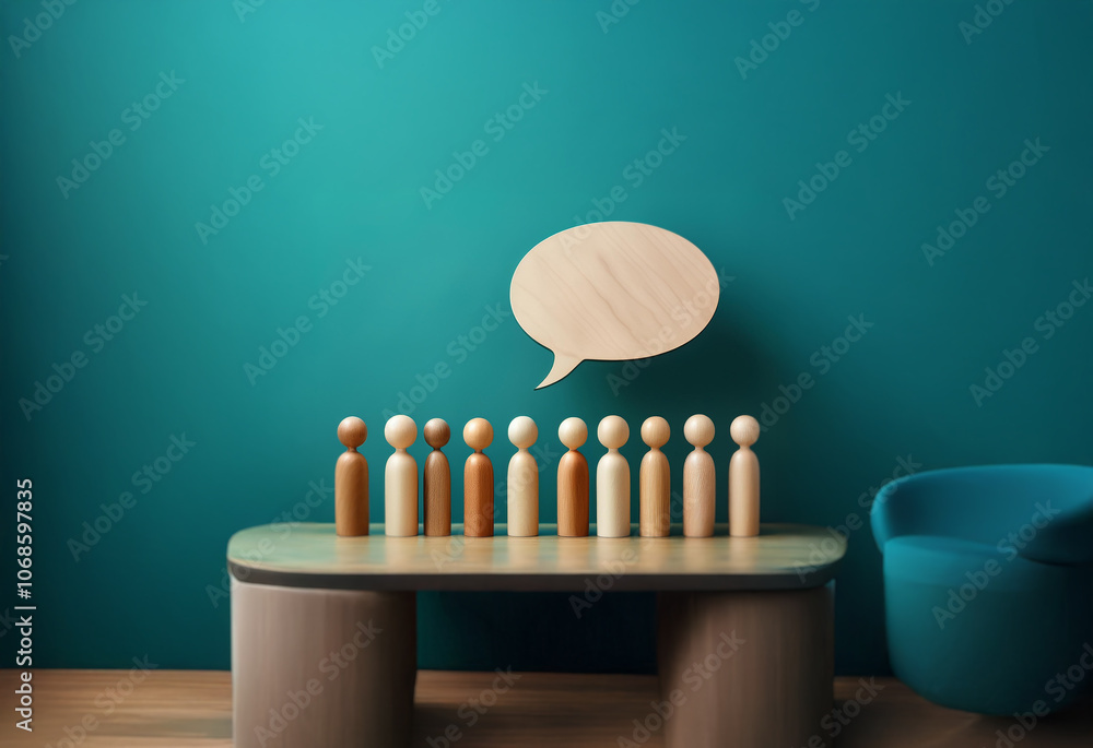 Aufkleber a row of wooden figures stand on a table in front of a large speech bubble, representing a diverse g