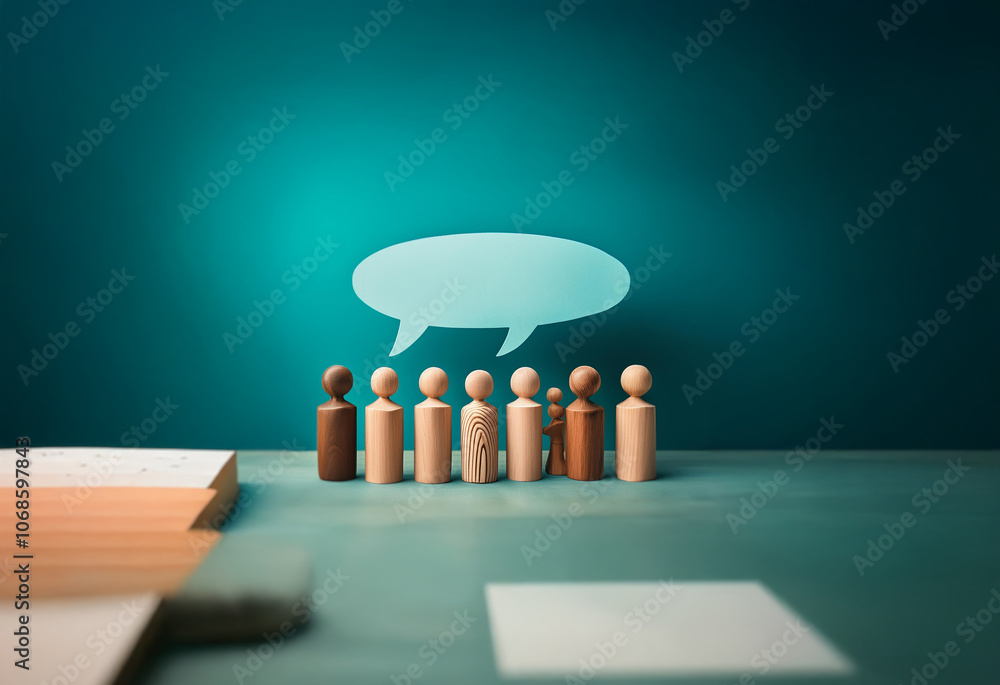 Aufkleber a group of wooden figures stand in a row, facing a large speech bubble, symbolizing the power of com