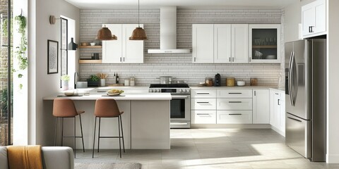 Modern White Kitchen with Stainless Steel Appliances and Island