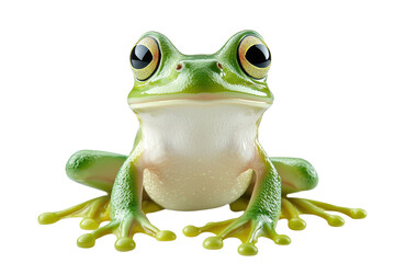 Obraz premium Close-up of a vibrant green tree frog with expressive eyes, isolated on a transparent background showcasing its smooth skin and unique features.