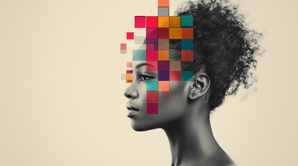 Artistic portrait of a woman with half of her face in black and white and the other half overlaid with colorful geometric squares, symbolizing contrast, diversity, and modern art.