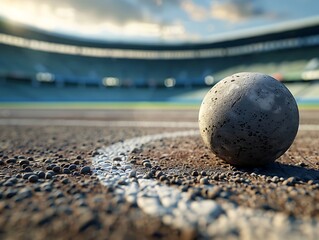 A close-up of a shot put resting on the ground with the throwing circle and stadium blurred in the background emphasizing the strength and technique of the sport