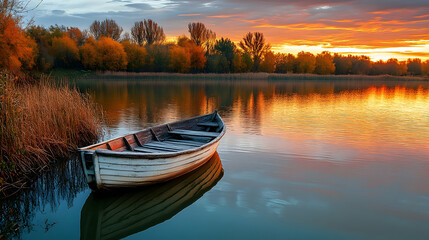 Fototapeta premium A small wooden boat sits on the calm waters of a lake with a colorful sunset sky reflected on the surface.
