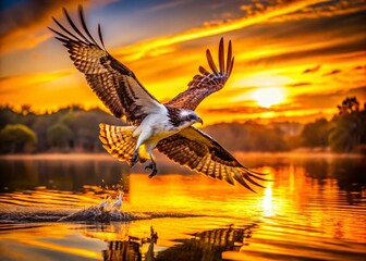 Osprey Soaring Over Golden Sunset Waters - Stunning Macro Photography of Birds in Flight, Reflections, Nature, Wildlife, Sunset Colors, Tranquil Scenery, Water Reflections