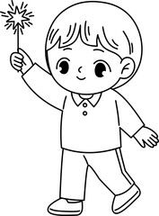 kid holding sparkler outline coloring new year