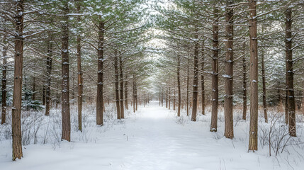 A snowy path through a forest of tall pine trees.